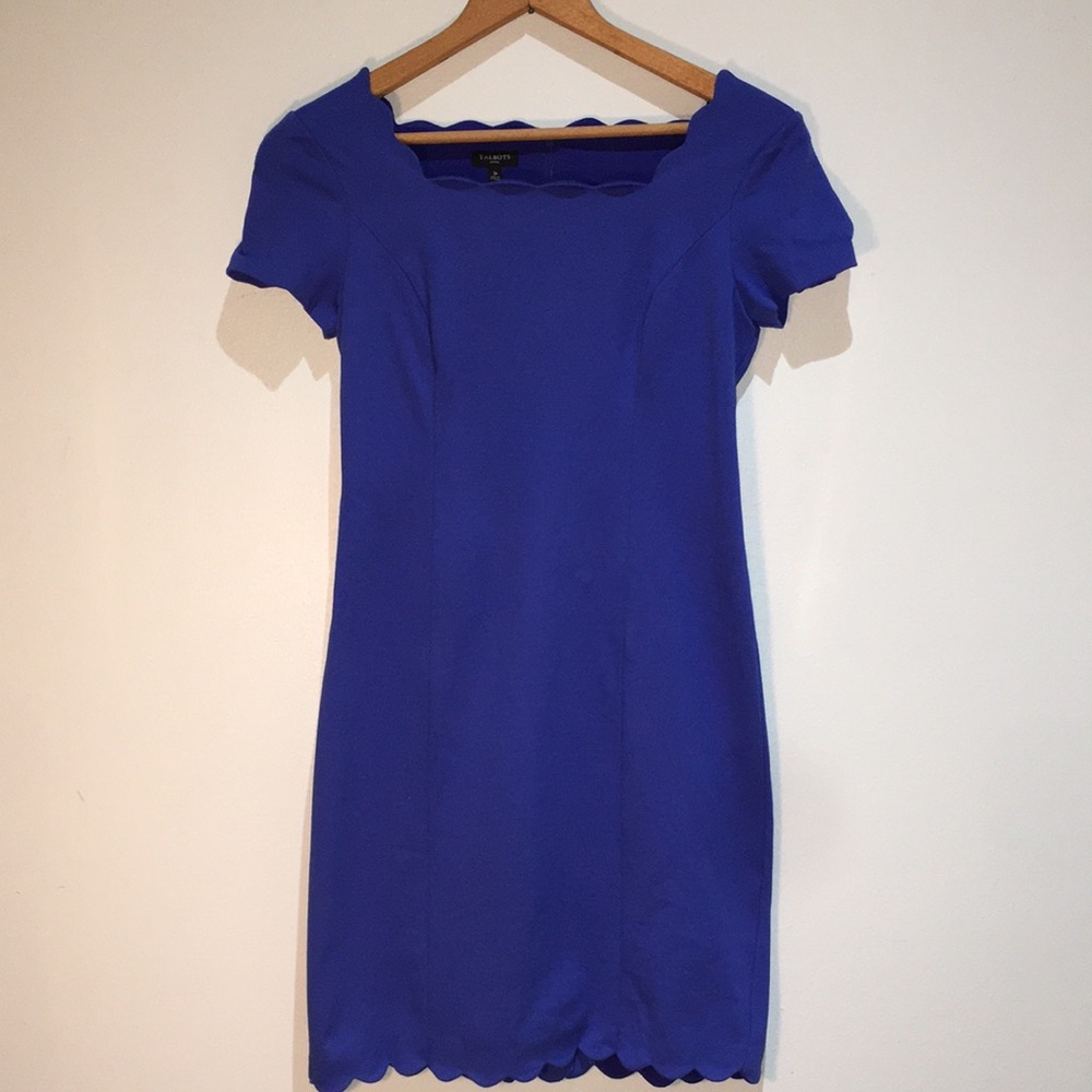 TALBOTS Petite 2P Sheath Dress Blue Scalloped Edges Short Sleeve Ponte Stretch